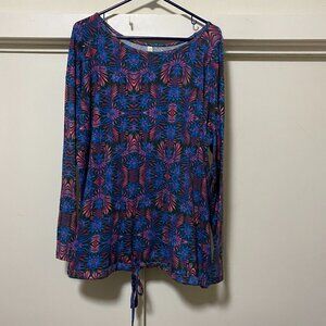 Retreat R. Honda Shear, long sleeve black tunic w/blue & pink design, size 1X